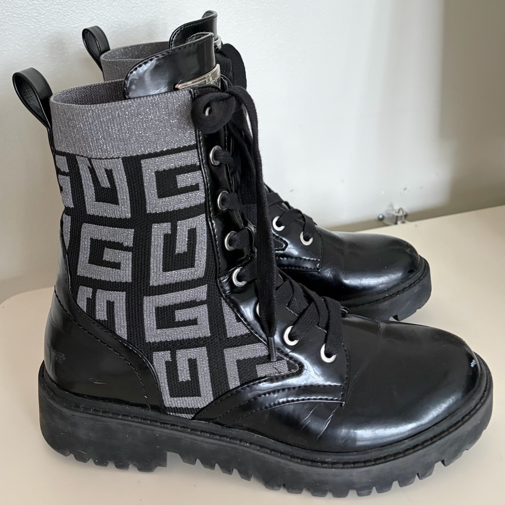 GUESS Odalis Logo Knit Combat Boots - Black & Silver - Size 7M